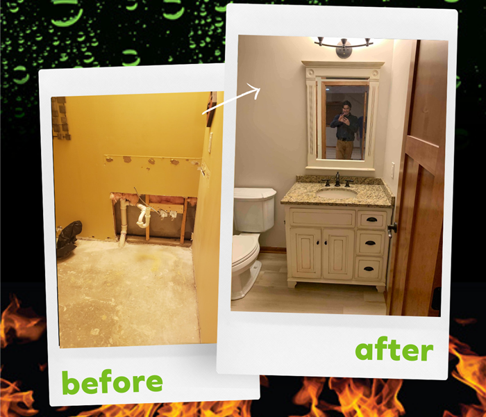 before and after photos of a bathroom restoration