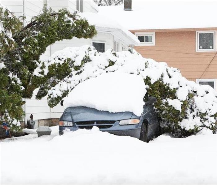 snow covered car and home